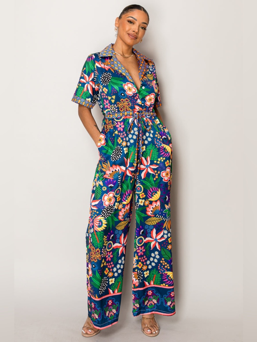 Floral Button-Front Jumpsuit Romper - Navy Multicolor